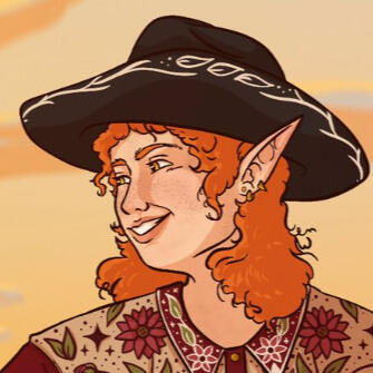 elf cowboy with curly ginger hair and black cowboy hat